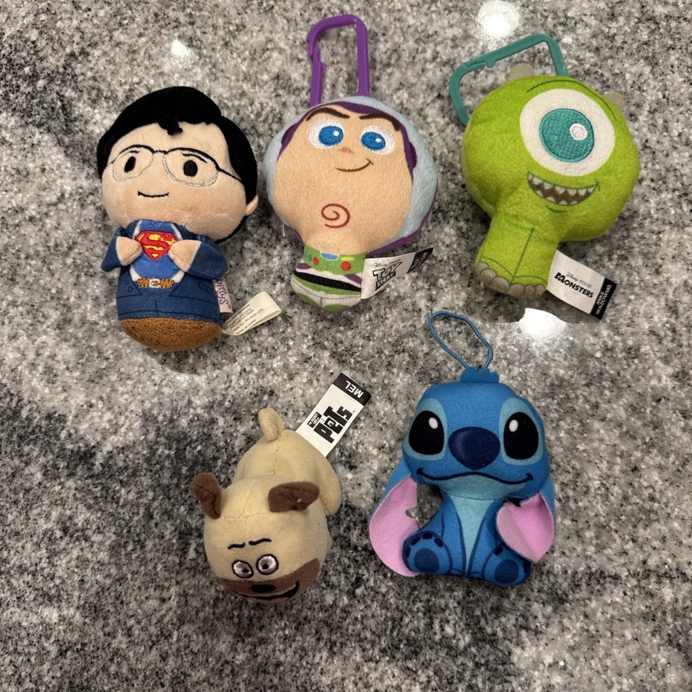 Lot of 5 Disney Plushies 4" Superman Buzz Monsters Inc‎ Mel Stitch #27